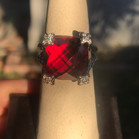 David Yurman S Silver Cushion On Point 14mm Garnet Red & Diamond Ring Sz 6.75 - Picture 4 of 13